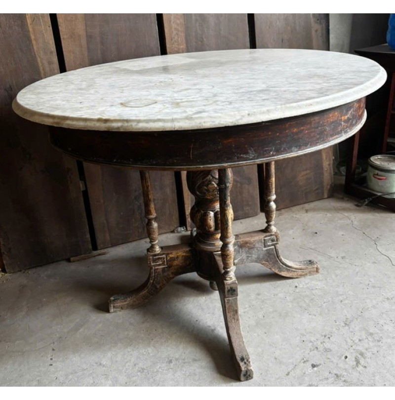 Bàn Tròn Mặt Đá Chân Gỗ Xưa 