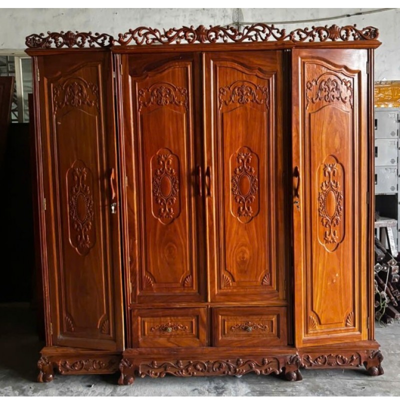 Tủ Quần Áo Gỗ Gõ Đỏ 4 Cánh Mẫu Hoàng Gia: Đẳng Cấp Thượng Lưu Cho Phòng Ngủ